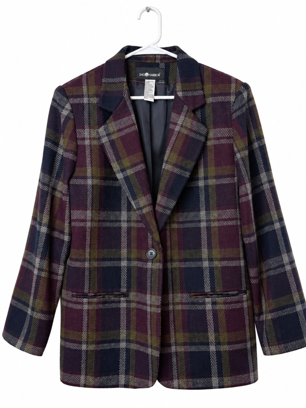 Sag Harbor Plaid Wool Blend Blazer Women’s Size 12 Burgundy Navy Olive